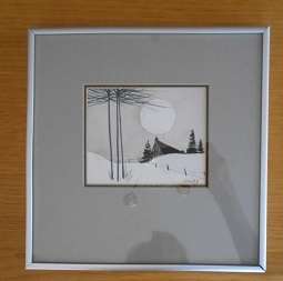 Snow scene, signed + dedication on reverse side/framed behind glass