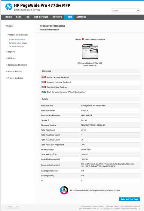HP PageWide Pro 477dw Wireless Multifunction Colour Printer - less than 2500 Page Count