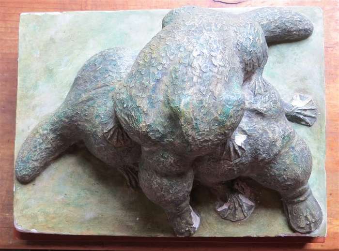 Two Platypus on a rock Sculpture by Rose Dearing