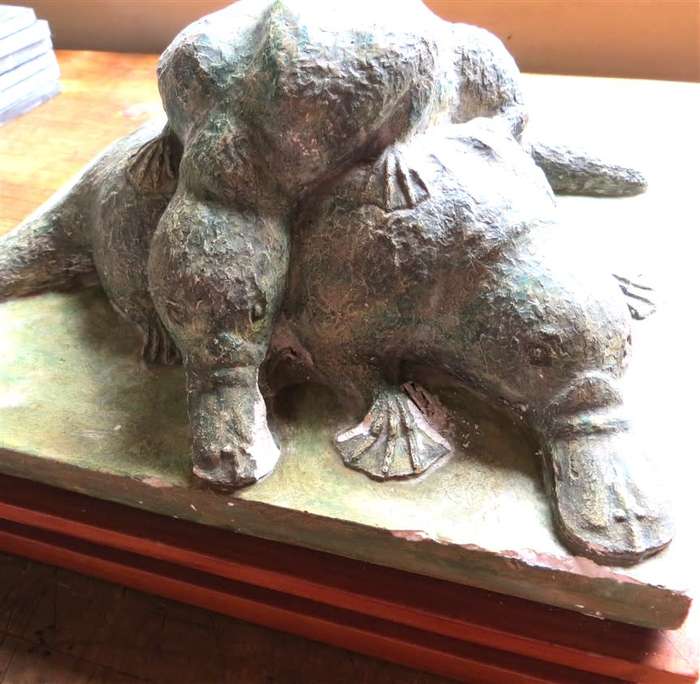 Two Platypus on a rock Sculpture by Rose Dearing
