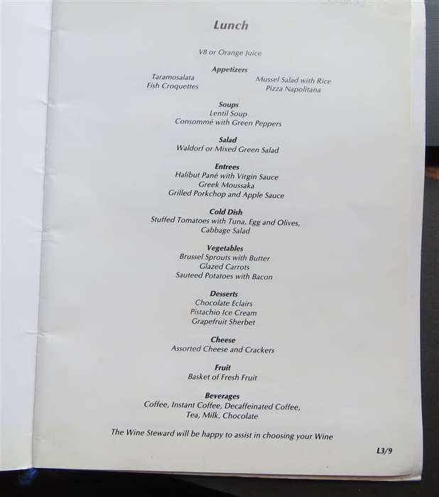 Oceanos - Sunk off SA in 1991 - Lunch Menu