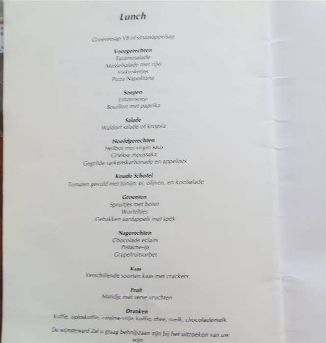Oceanos - Sunk off SA in 1991 - Lunch Menu