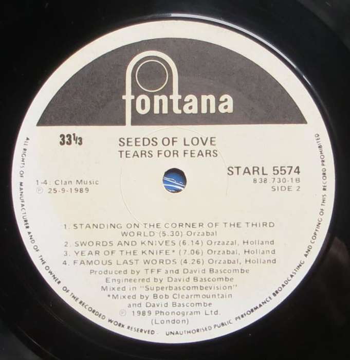 Vintage Vinyl LP - Tears for Fears - Seeds of Love VG/VG