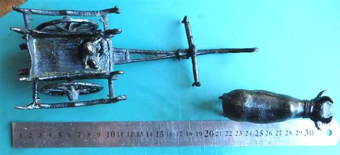 Vintage Asian Metal Farmer on Wagon and Ox