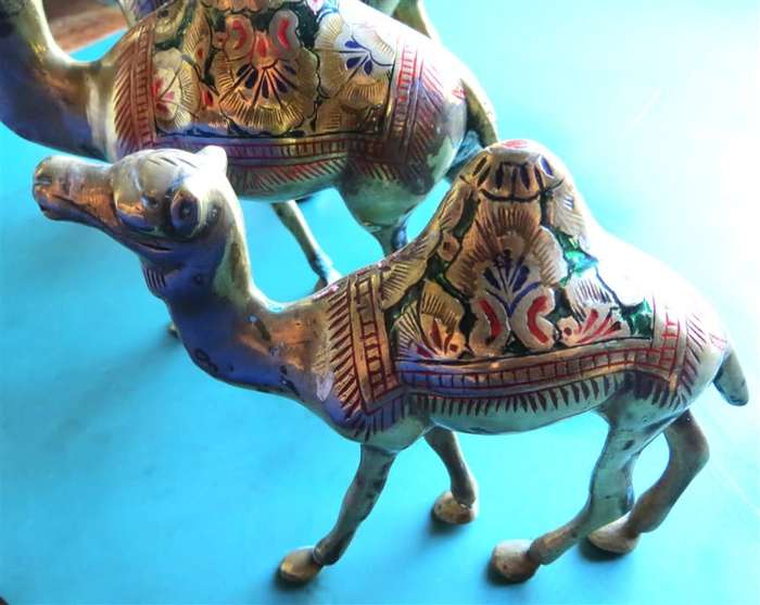 3 x Ornate Brass Coloured Enamelled Camels - 1 Bid for the Set