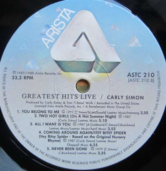 Vintage Vinyl LP - Carley Simon - Greatest Hits Live - Cover VG+/ Vinyl VG+