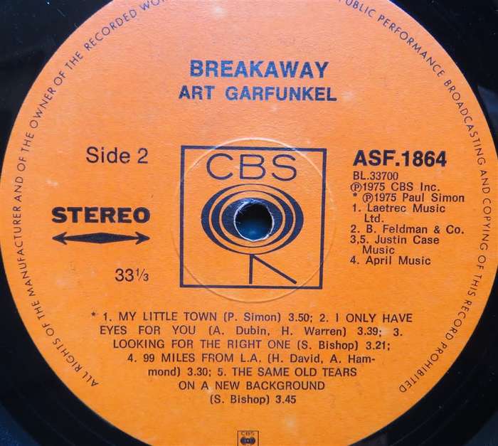 Vintage Vinyl LP - Art Garfunkel - Breakaway Cover VG / Vinyl VG