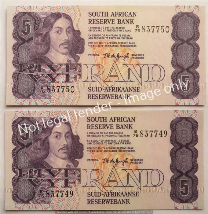 2 x TW De Jongh Consecutive Number 4th Issue R5 Notes - 1 Bid