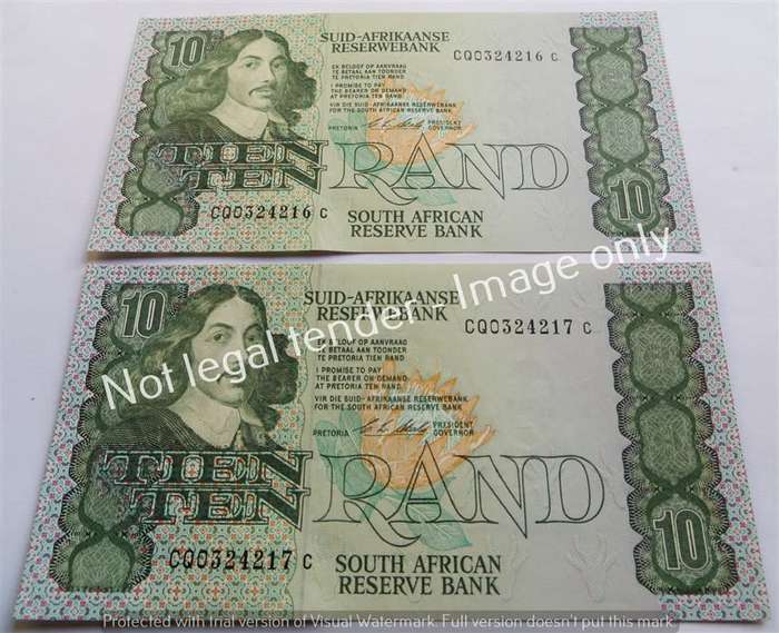 2 x Consecutive Number Stals 1st Issue R10 Notes - Bid per Note