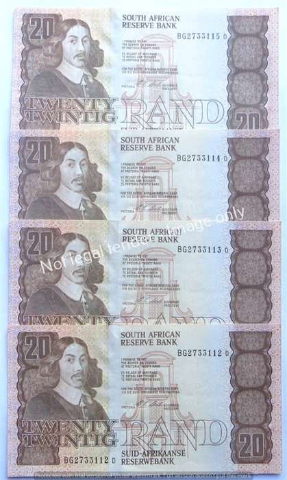 4 x Stals Consecutive Numbers R20 Notes 1st Issue