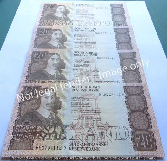 4 x Stals Consecutive Numbers R20 Notes 1st Issue