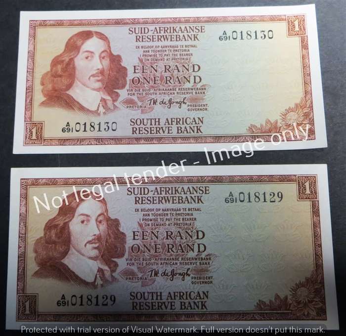2 x TW de Jongh Consecutive No. A691 R1 Notes - 1 Bid