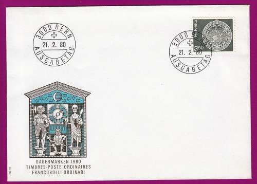 Switzerland Date Stamp Page - 1980 (1973 to 1980) - Astronomical clock, Bern clock tower.