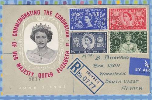 Great Britain Registered FDC Cover South West Africa SWA - 1953 - HALIFAX Coronation