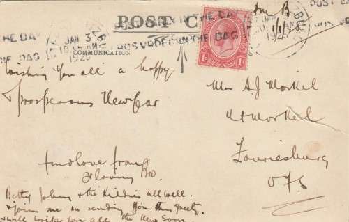 Union of South Africa postcard - 1925 (1913) - King George V Slogan Post Early in the Day