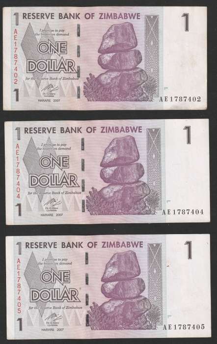 Zimbabwe - 2007 - $1 Dollar Dollars Gono - Circulated - Range AE - 6 Notes (almost) in Sequence