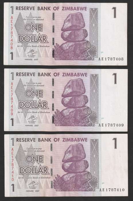 Zimbabwe - 2007 - $1 Dollar Dollars Gono - Circulated - Range AE - 6 Notes (almost) in Sequence
