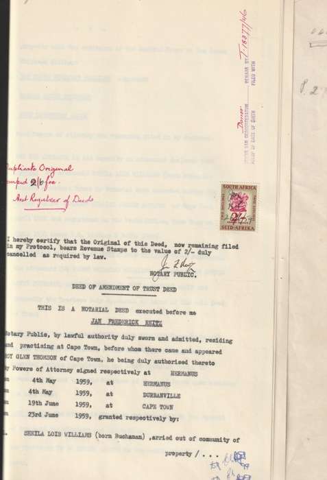 South Africa Union - 1958 Revenue KGVI and Coat of Arms Trust Deed