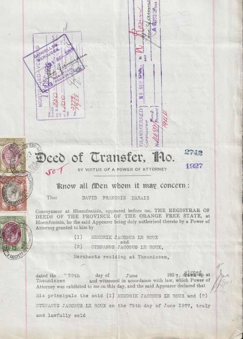 South Africa Union - 1927 - Revenue Usage on Deed of Transfer