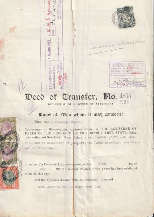 South Africa Union - 1922 1933 - Revenue Usage on Deed of Transfer