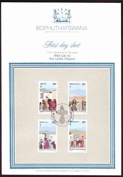Bophuthatswana - 1982 - Easter The Lords Passion - First Day Sheet - Medium