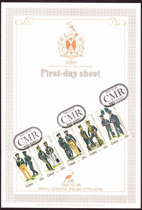 Ciskei - 1984 - Military Uniforms - Cape Mounted Rifles - First Day Sheet - Medium
