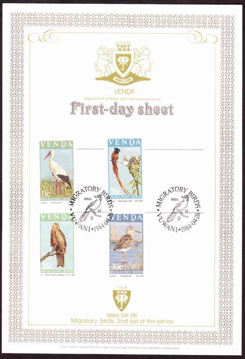 Venda - 1984 - Migratory Birds Vogel Zugvogel - First Day Sheet - Medium