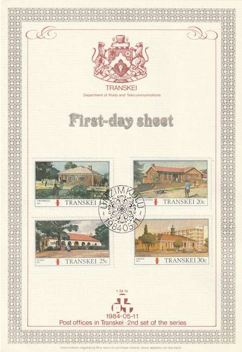 Transkei - 1984 - Post Offices - First Day Sheet - Medium