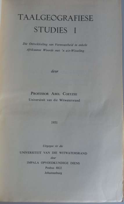 Taalgeografiese studies I deur professor Abel Coetzee