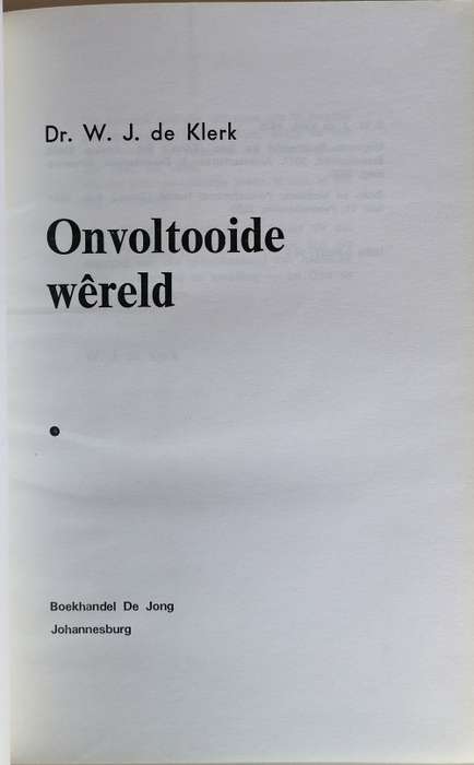 Onvoltooide wereld deur WJ de Klerk