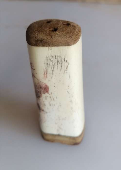 Wooden and bone salt and pepper shakers - Scrimshaw elephant design
