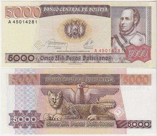 Bolivia 5000 Pesos Bolivianos 1984 P 168 unc