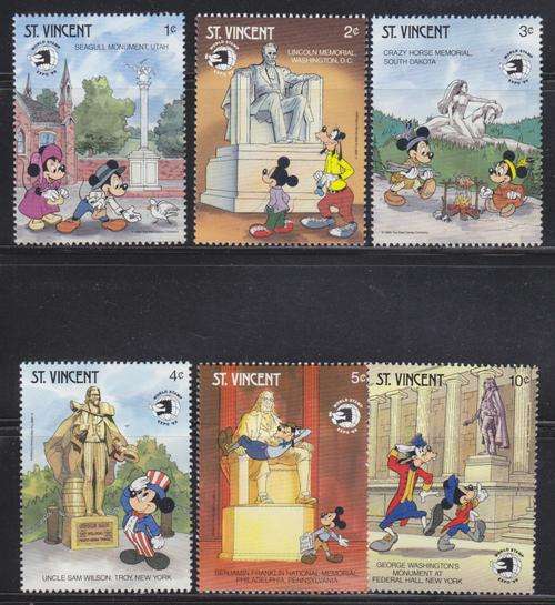 6 DISNEY STAMPS - DISNEY CHARACTERS AT STATUES - ST.VINCENT - MNH