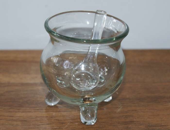 3 Legged Glass Sauce Dish with Glass Serving Spoon