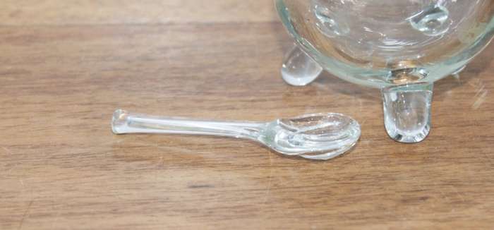 3 Legged Glass Sauce Dish with Glass Serving Spoon
