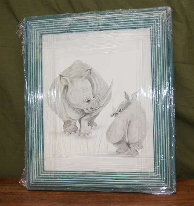`Babies of the Bush` by Kalle Reimer 1936 - 2000 `Rhino` in Stunning NEW Frame Print