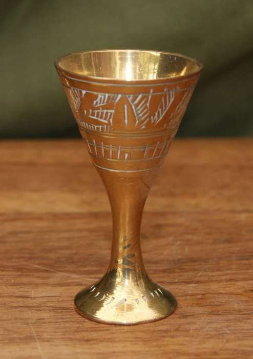 Set of 6 Hand Etched Brass Liqueur Cups on Tray