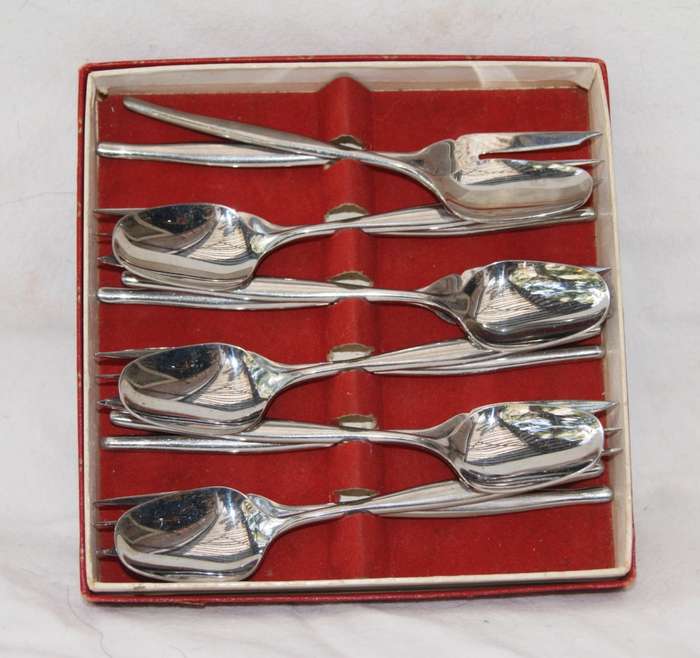 Set of 6 Teaspoons and Cake Forks (2 available, bid per box)