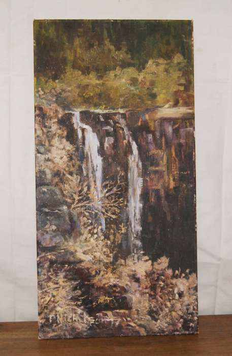 P. Nicholson Painting of Waterfall with Trees