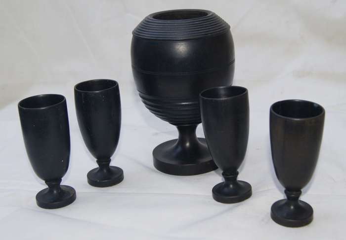 5 Piece Ebony Hand Made Vase with 4 Cups (2 Cups Cracked)
