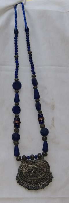 Blue Glass and White Metal Necklace