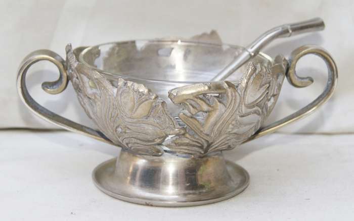 White Metal Sugar Bowl with Glass Insert and Plated Sugar Spoon
