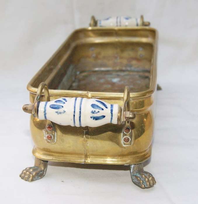 Vintage Rectangular Brass Footed Dish with Delft Style Handles