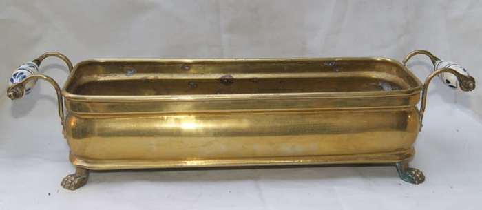 Vintage Rectangular Brass Footed Dish with Delft Style Handles