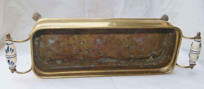 Vintage Rectangular Brass Footed Dish with Delft Style Handles