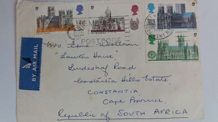 England (Kent) to South Africa Air mail 1969 letter with 4 British Cathedral stamps