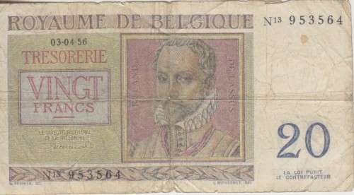 BELGIUM 20 FRANCS 03-04-1956 P132 F