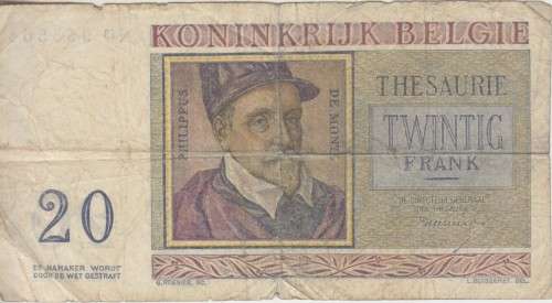 BELGIUM 20 FRANCS 03-04-1956 P132 F