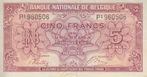 BELGIUM 5 FRANCS-1 BELGA 1943 (1944) P121 VF