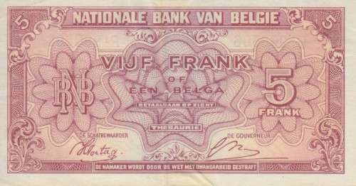 BELGIUM 5 FRANCS-1 BELGA 1943 (1944) P121 VF